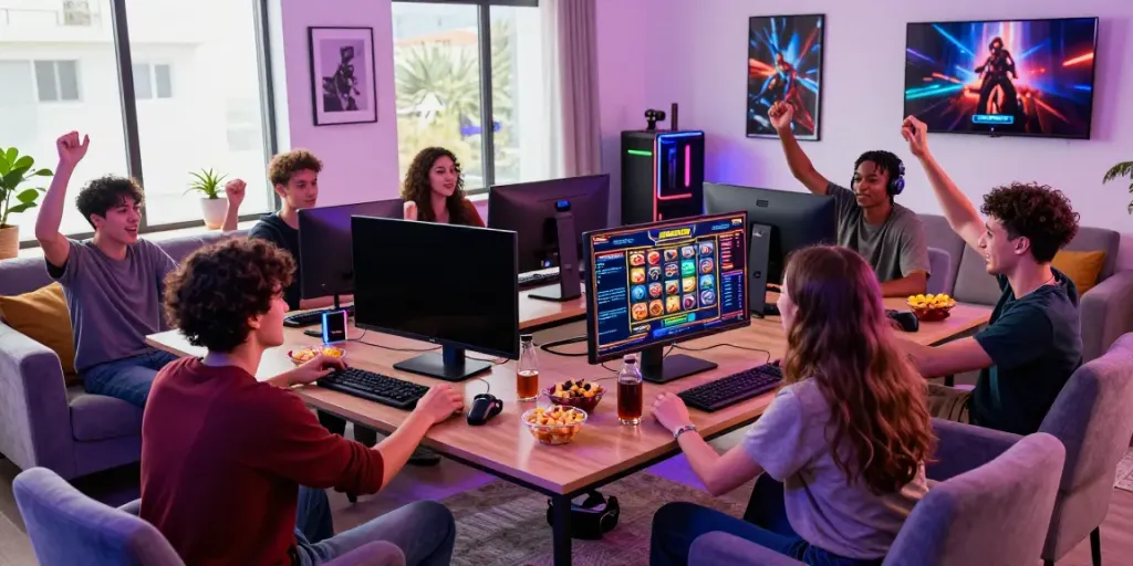 Friends enjoying slots not on gamstop in a modern gaming setup.