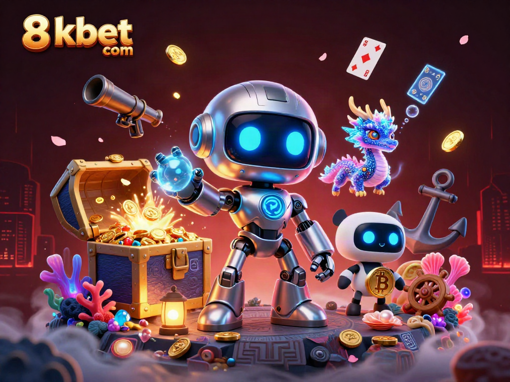 Win big with 8xbet com in this vibrant, detailed casino illustration featuring characters and game elements.