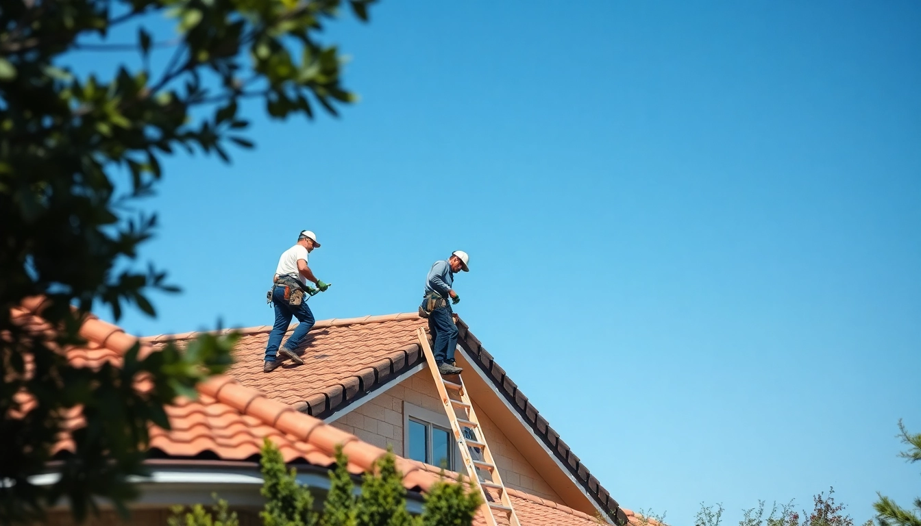 Roofing company team meticulously installing shingles, ensuring quality craftsmanship in bright daylight.