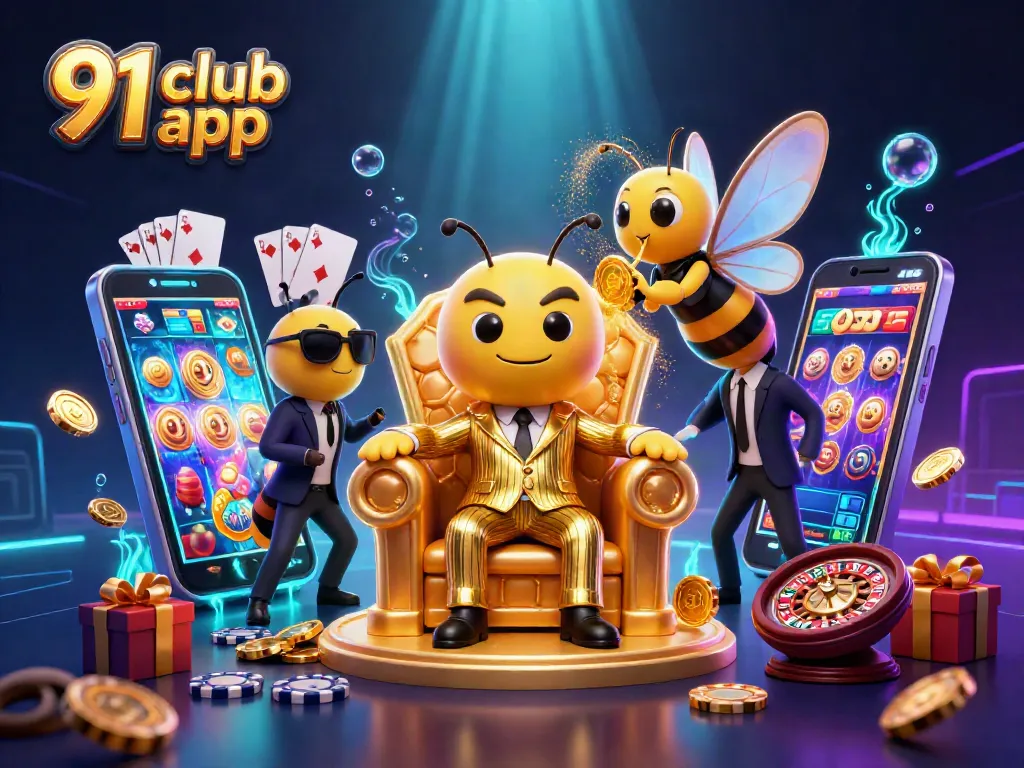 Engage with the 91 club app through a dynamic casino illustration featuring exciting game elements and vibrant characters.