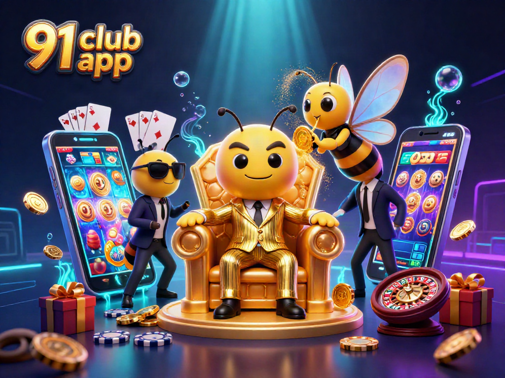 Engage with the 91 club app through a dynamic casino illustration featuring exciting game elements and vibrant characters.