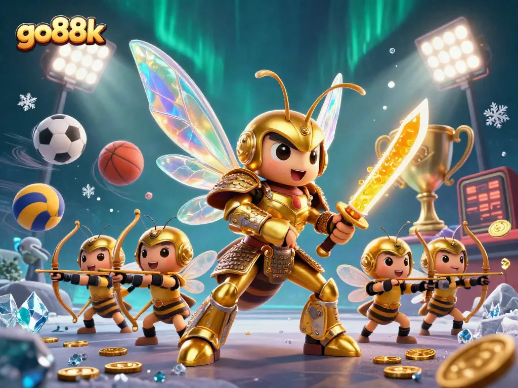 Experience the excitement of go88k with a vibrant 3D scene featuring a golden hornet and sports elements.