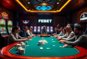FEBET casino scene featuring excited gamblers at a poker table with vibrant slot machines.