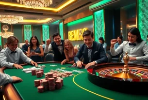 Playing poker at BEM88 casino with vibrant chips and an exciting atmosphere.
