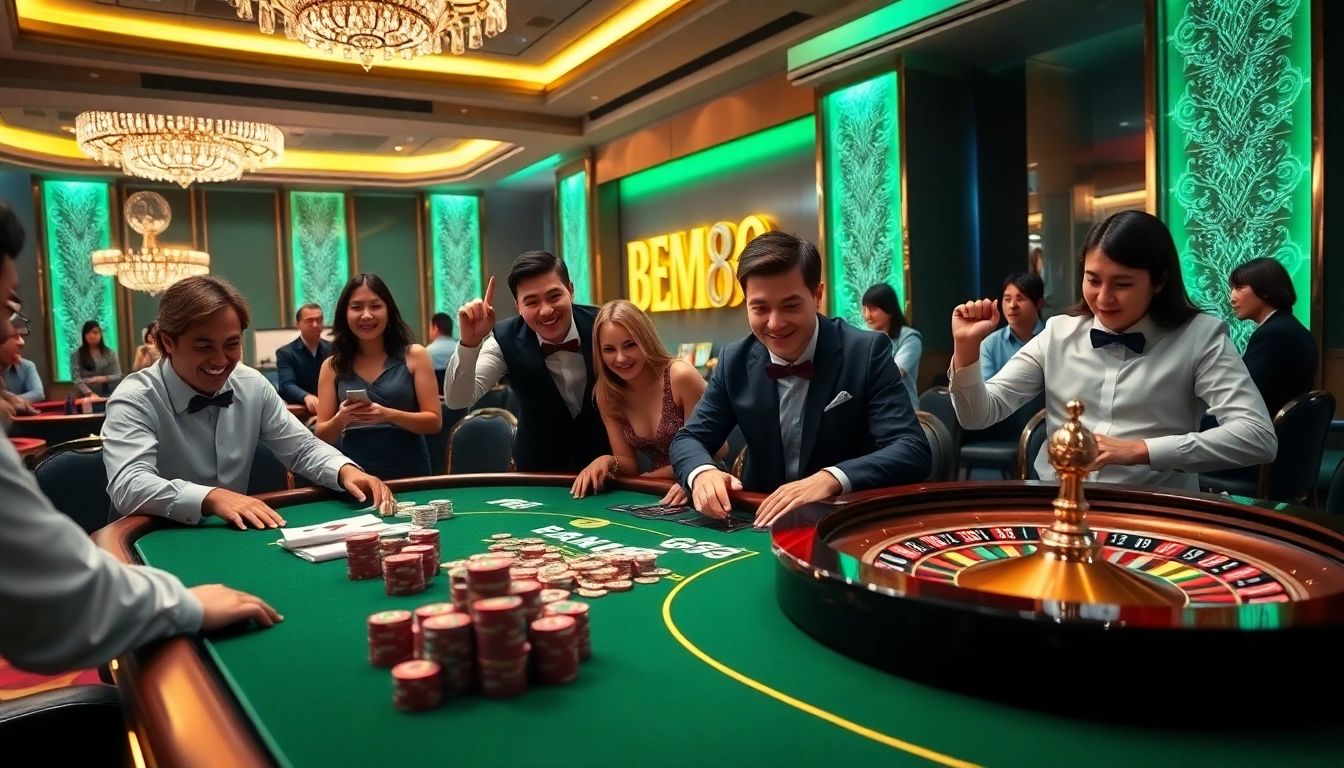 Playing poker at BEM88 casino with vibrant chips and an exciting atmosphere.