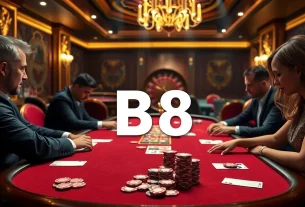 Engage with an intense B8 casino poker game scene featuring players and vibrant chips.