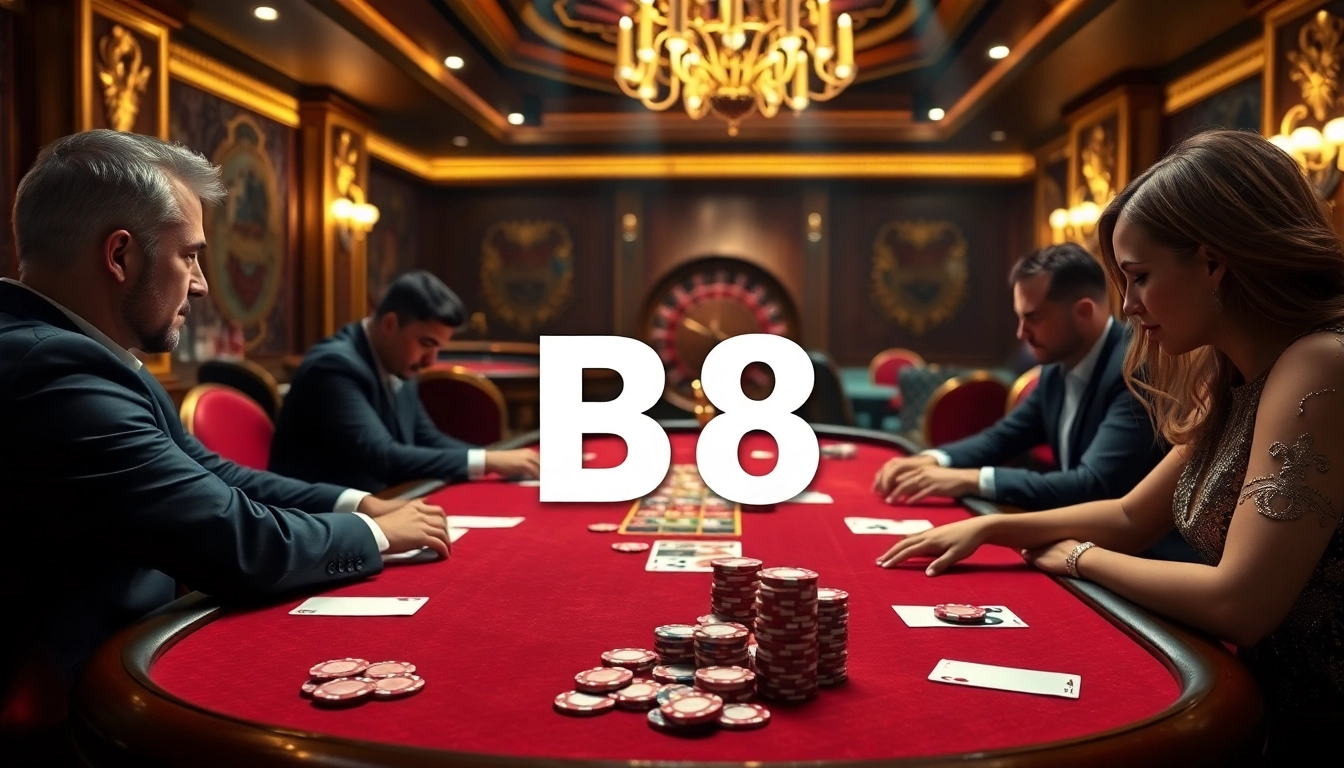 Engage with an intense B8 casino poker game scene featuring players and vibrant chips.