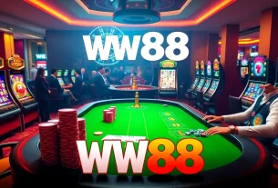 WW88 gamblers enjoying an exciting gaming atmosphere with casino tables and slot machines.