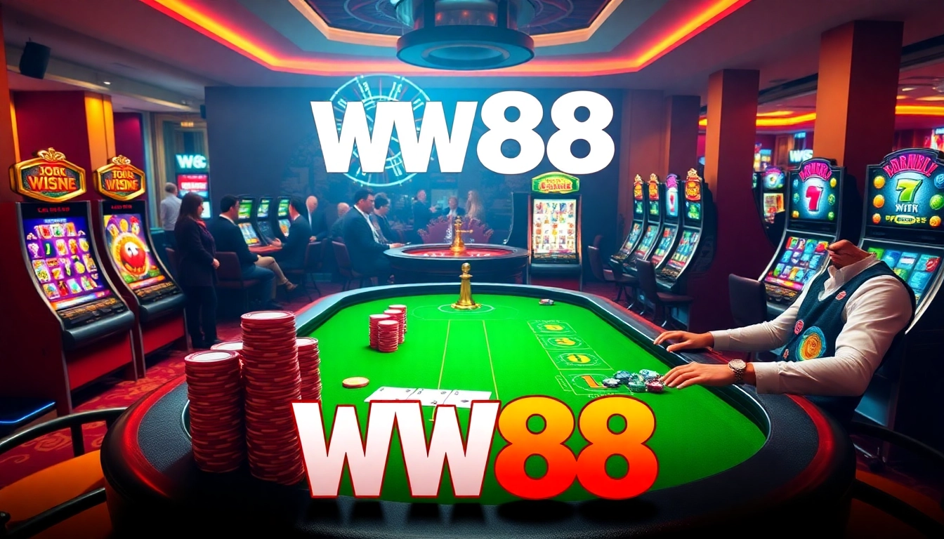 WW88 gamblers enjoying an exciting gaming atmosphere with casino tables and slot machines.