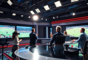 Engaging live Sports Broadcasting setup highlighting dynamic sports visuals and expert hosts.