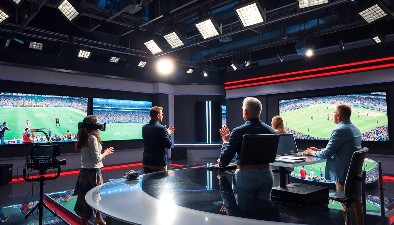 Engaging live Sports Broadcasting setup highlighting dynamic sports visuals and expert hosts.