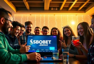 SBOBET.dance engaging scene of diverse adults enjoying online betting experience with digital interface.