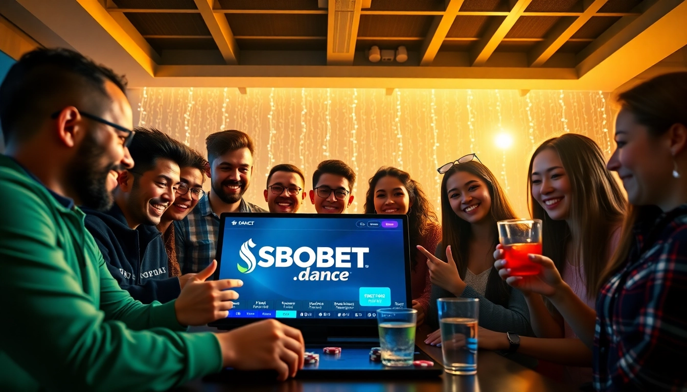 SBOBET.dance engaging scene of diverse adults enjoying online betting experience with digital interface.