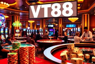 Engage in thrilling gameplay at VT88 casino, showcasing poker tables, roulette wheels, and vibrant slot machines.