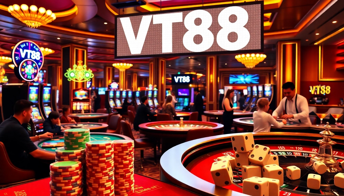 Engage in thrilling gameplay at VT88 casino, showcasing poker tables, roulette wheels, and vibrant slot machines.