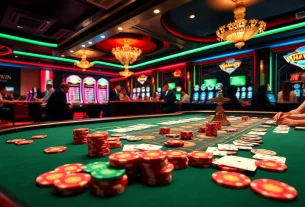 Experience HAYWIN excitement at a vibrant casino table filled with colorful chips and animated players.