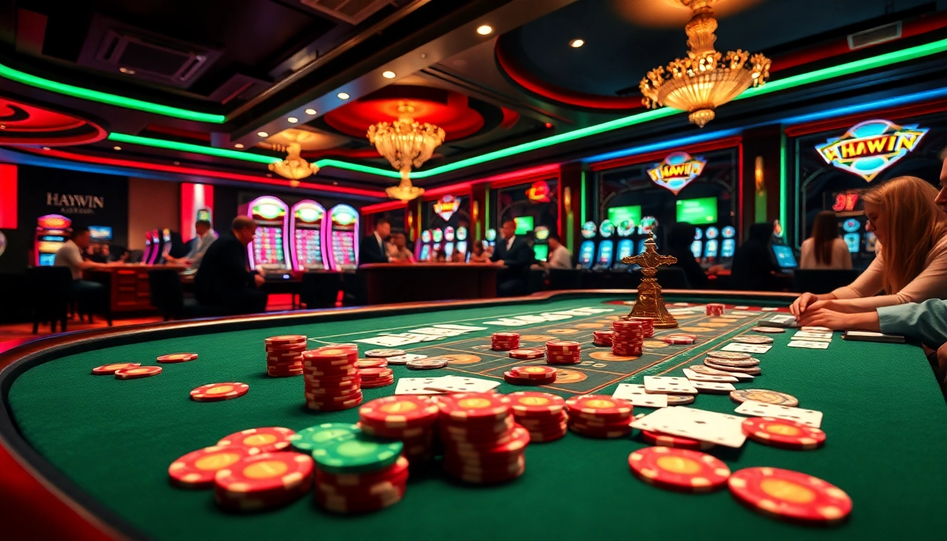 Experience HAYWIN excitement at a vibrant casino table filled with colorful chips and animated players.