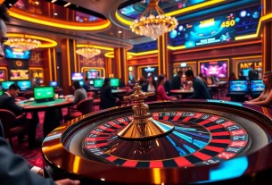 Engaging gamblers at a luxurious online casino scene representing https://fun88.supply/ with casino tables and promotions.