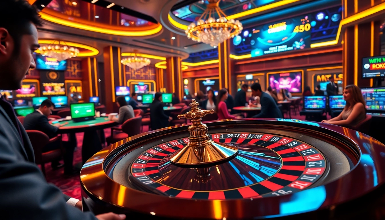Engaging gamblers at a luxurious online casino scene representing https://fun88.supply/ with casino tables and promotions.