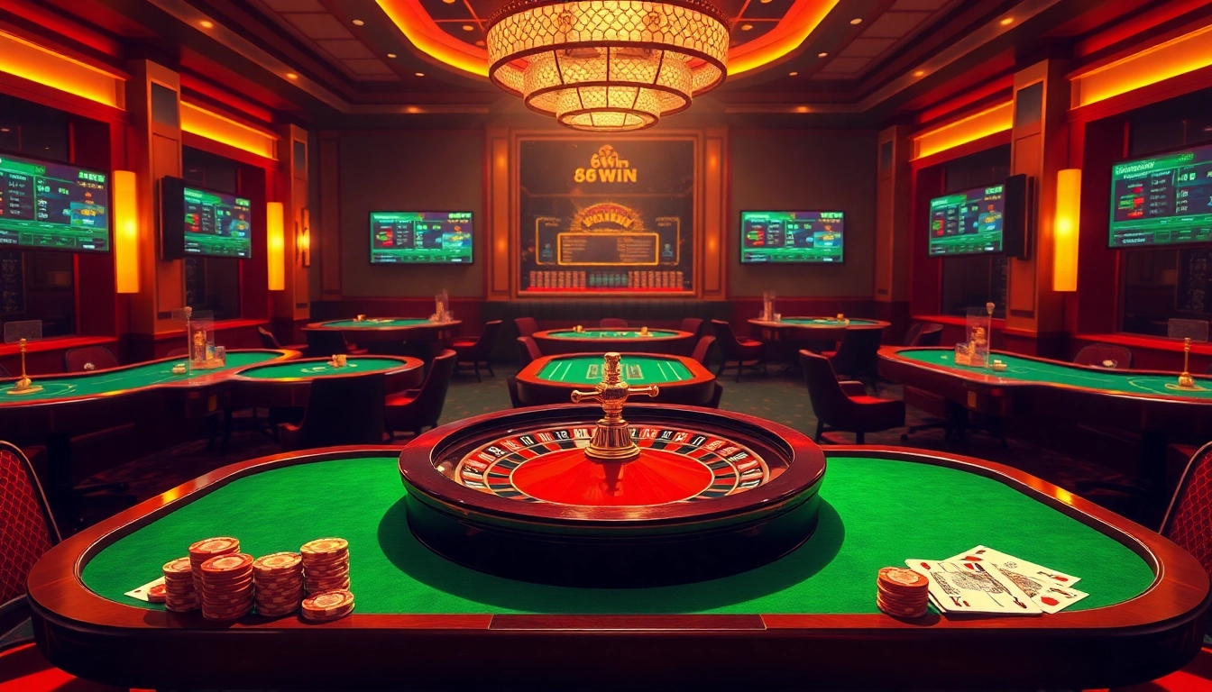 Experience the thrill of winning at 68win's luxurious online casino environment with poker tables and roulette.