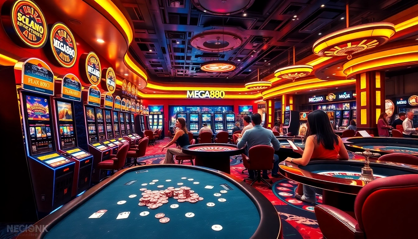 Players enjoying game rounds with MEGA888 APK at a luxurious casino venue.