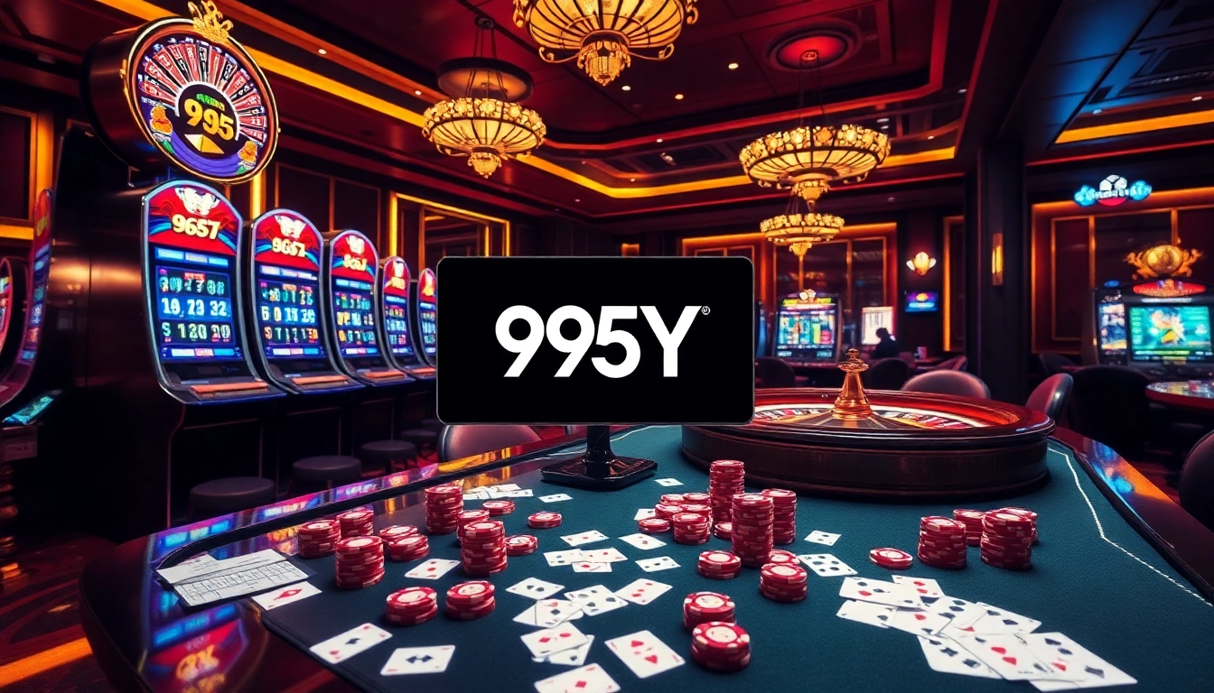 Experience the thrill of winning with 95Y in a luxurious casino setting featuring vibrant gaming elements.