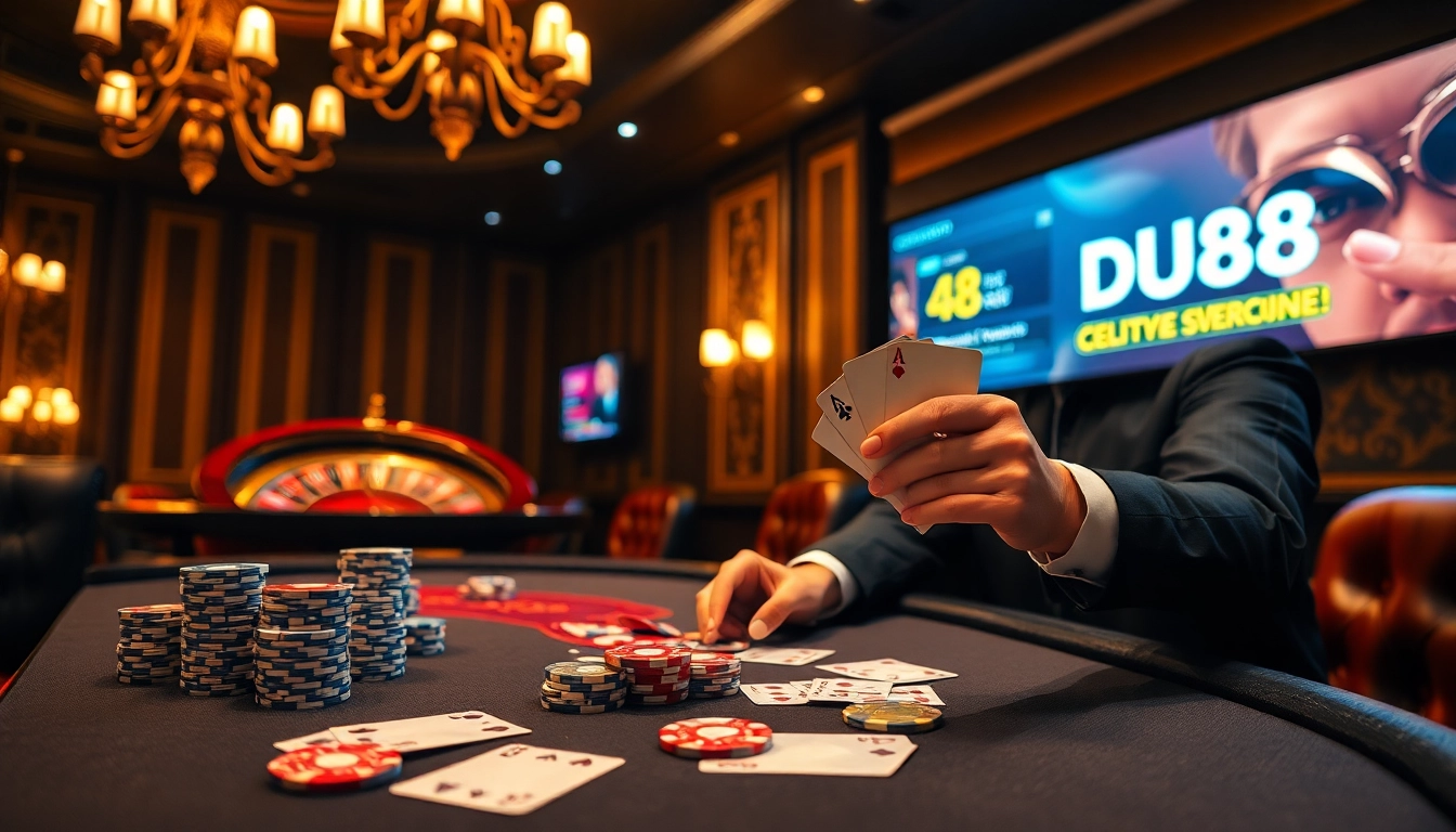 Experience the thrill of DU88 gaming with a luxurious poker table and vibrant roulette wheel.