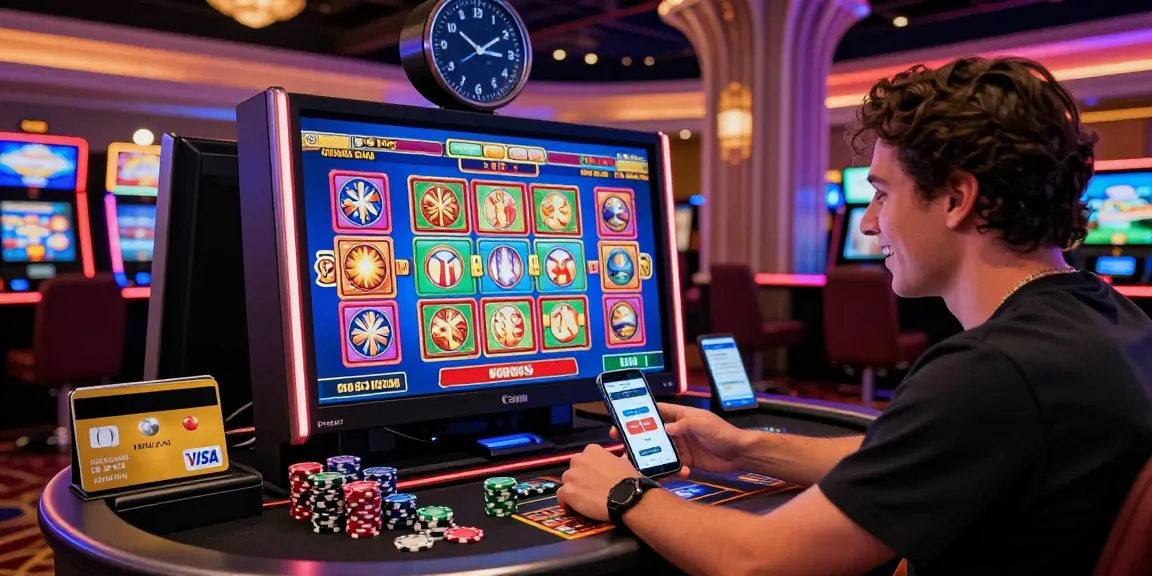 Exciting online casino scene at mhfe.org.uk with vibrant slot games, credit cards, and a player engaged in thrilling gameplay.