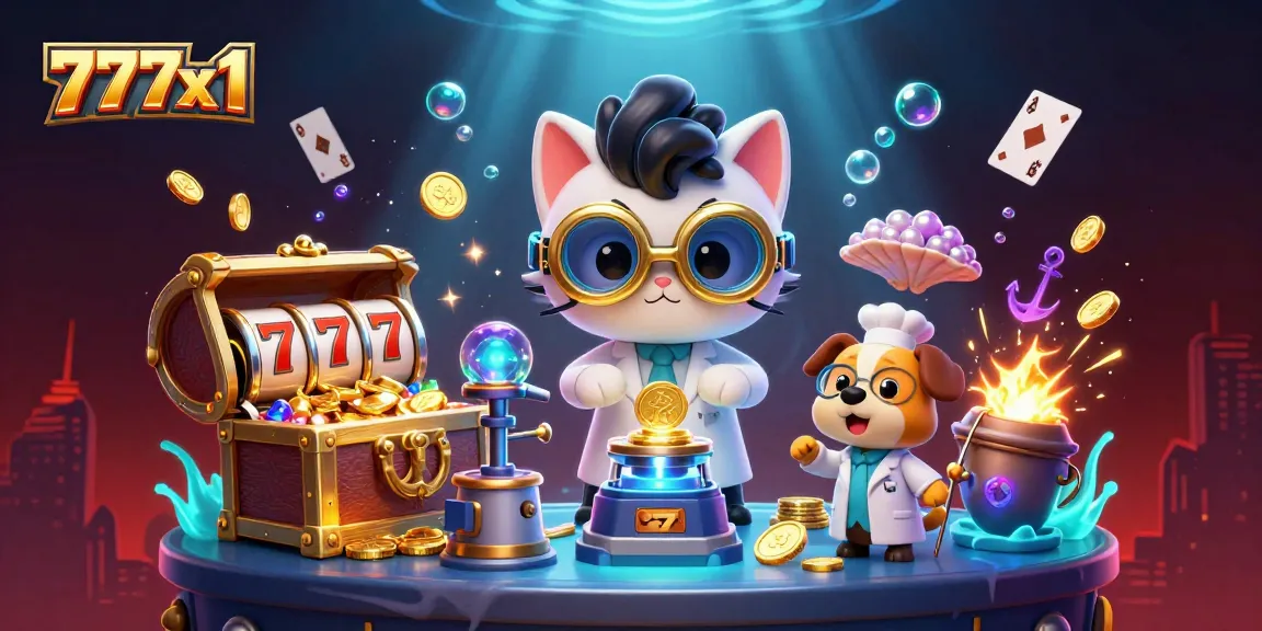 Engage with thrilling slots at 777x1, featuring a dynamic 3D cartoon scene of a mad scientist cat and dog amidst exploding treasure