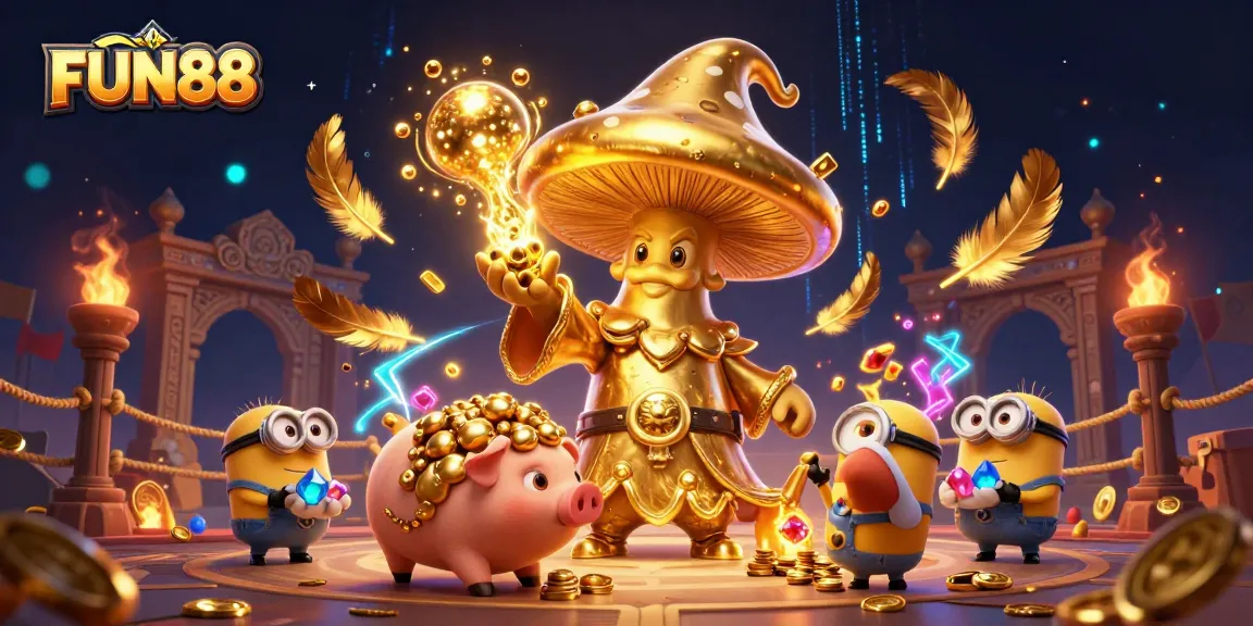 FUN88 ignites excitement with a dynamic 3D scene featuring a golden mushroom wizard and treasure-finding minions.